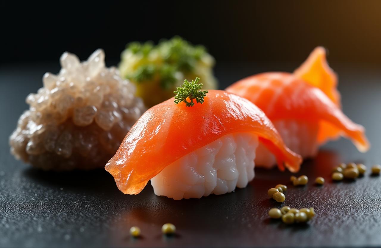 高級寿司の横に置かれた美しい鉱物の結晶