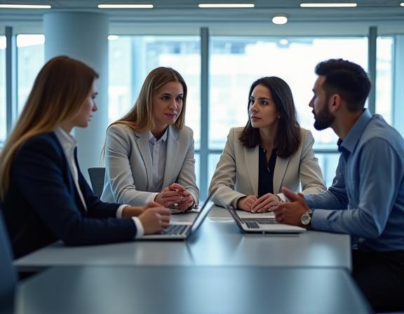 会議室で議論する専門家チーム